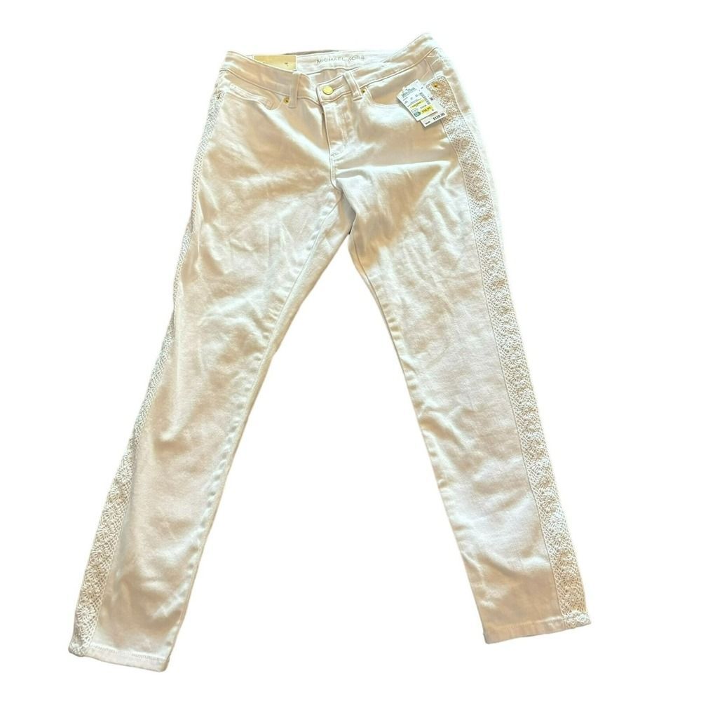 Michael Kors Jeans Women Sz 6 White Denim Lace Trim $120 MSRP Izzy Skinny Mid-Ri